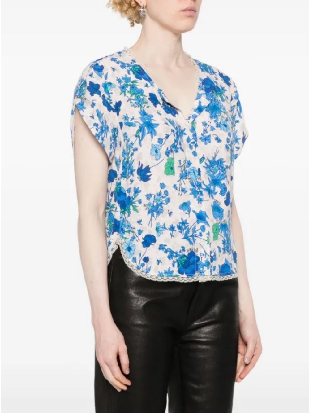 Zadig & Voltaire Blue and White Floral V-Neck Cap Sleeve Blouse